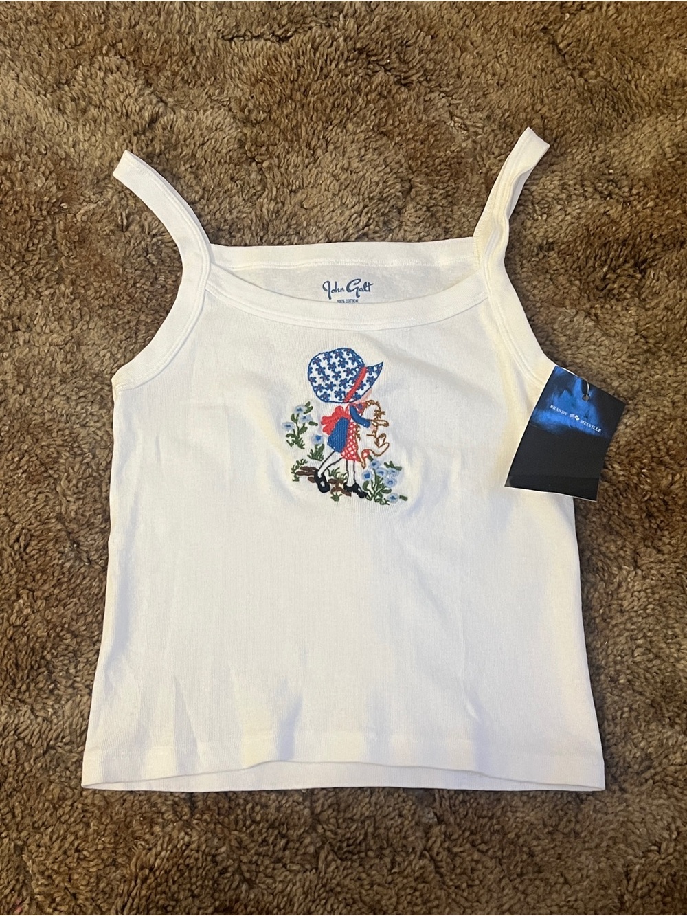 Brandy Melville White Tank Top with Embroidered Sunbonnet Girl